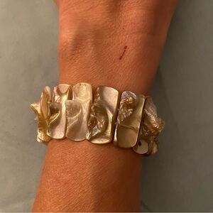 Mother Of Pearl Shell 1” Rectangle Pieces Cuff Stretch Bracelet 7” To 10”